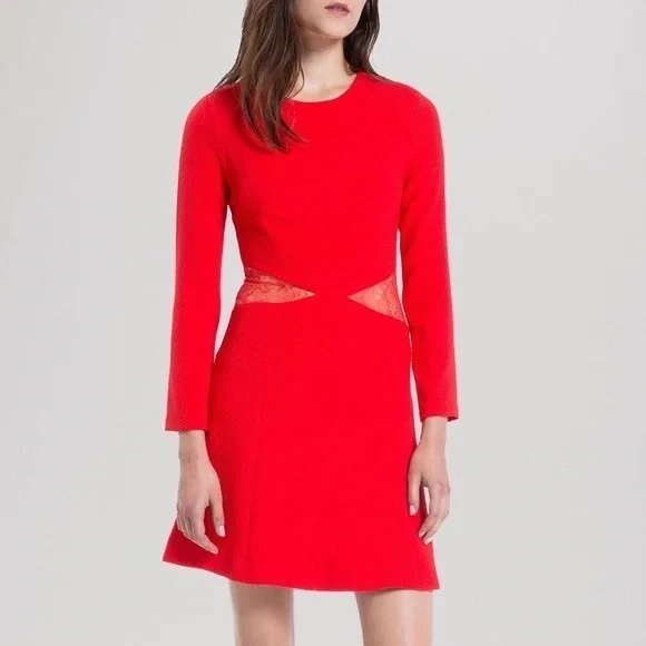 Sandro Paris Rayke Red Lace Cutout Jersey Dress - Picture 1 of 12